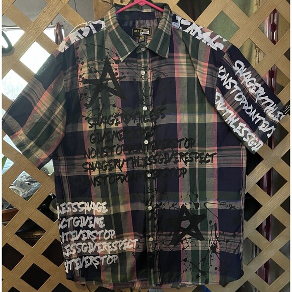 ATTITUDE PLAID Graffiti Print Plaid Button Down Shirt Men's 2XL - Picture 1 of 14